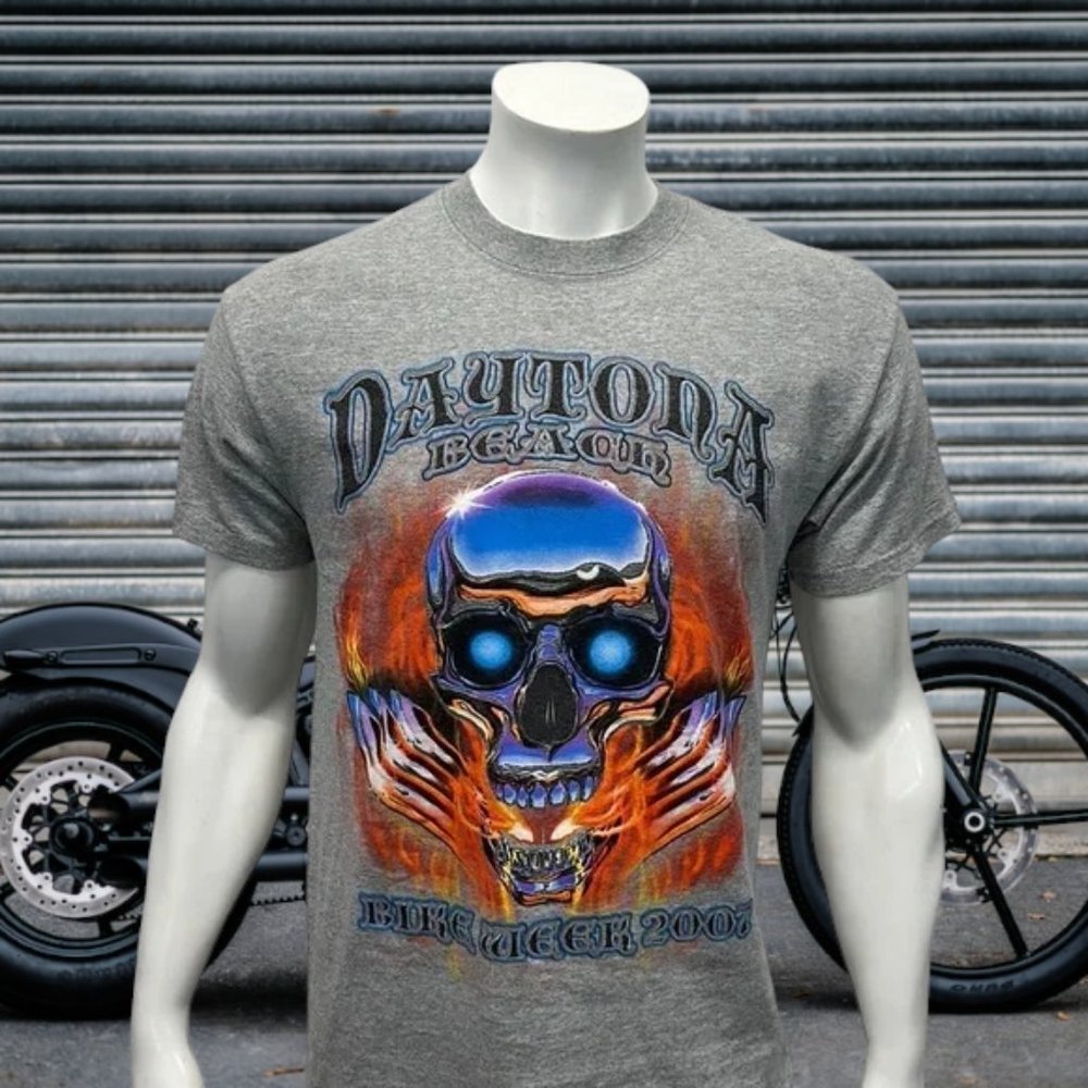 Daytona Bike Week 2007 Gray Full Front Back Graphic Skulls Flames Biker T-Shirt
